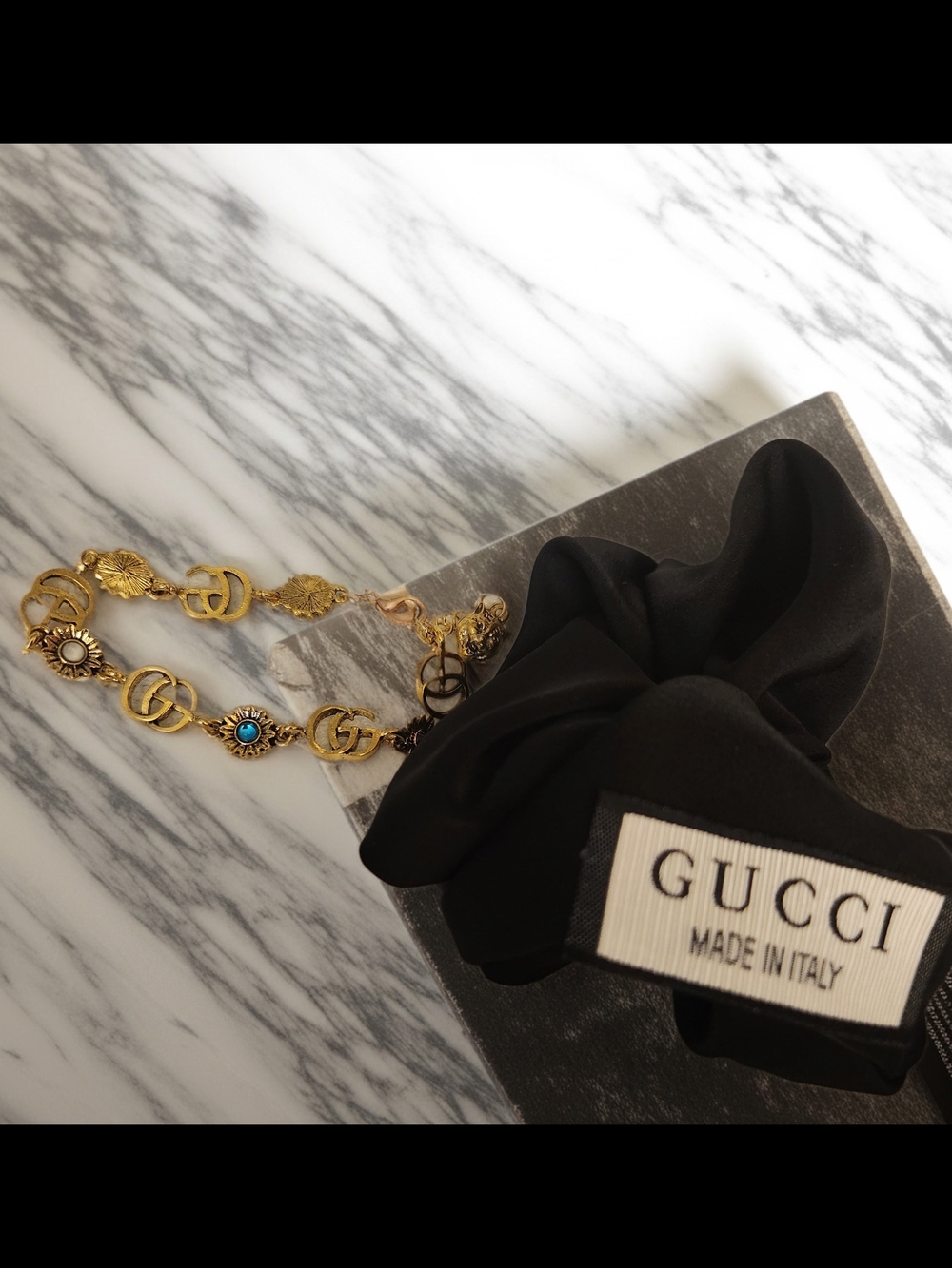 Gucci Black Scrunchie with Gold & Blue Stone Bracelet - Picture 2 of 7